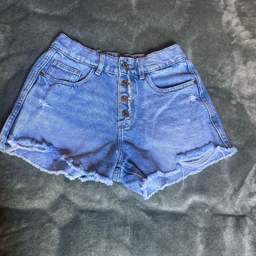 Zara High-Waist Blue Button-Front Denim Shorts